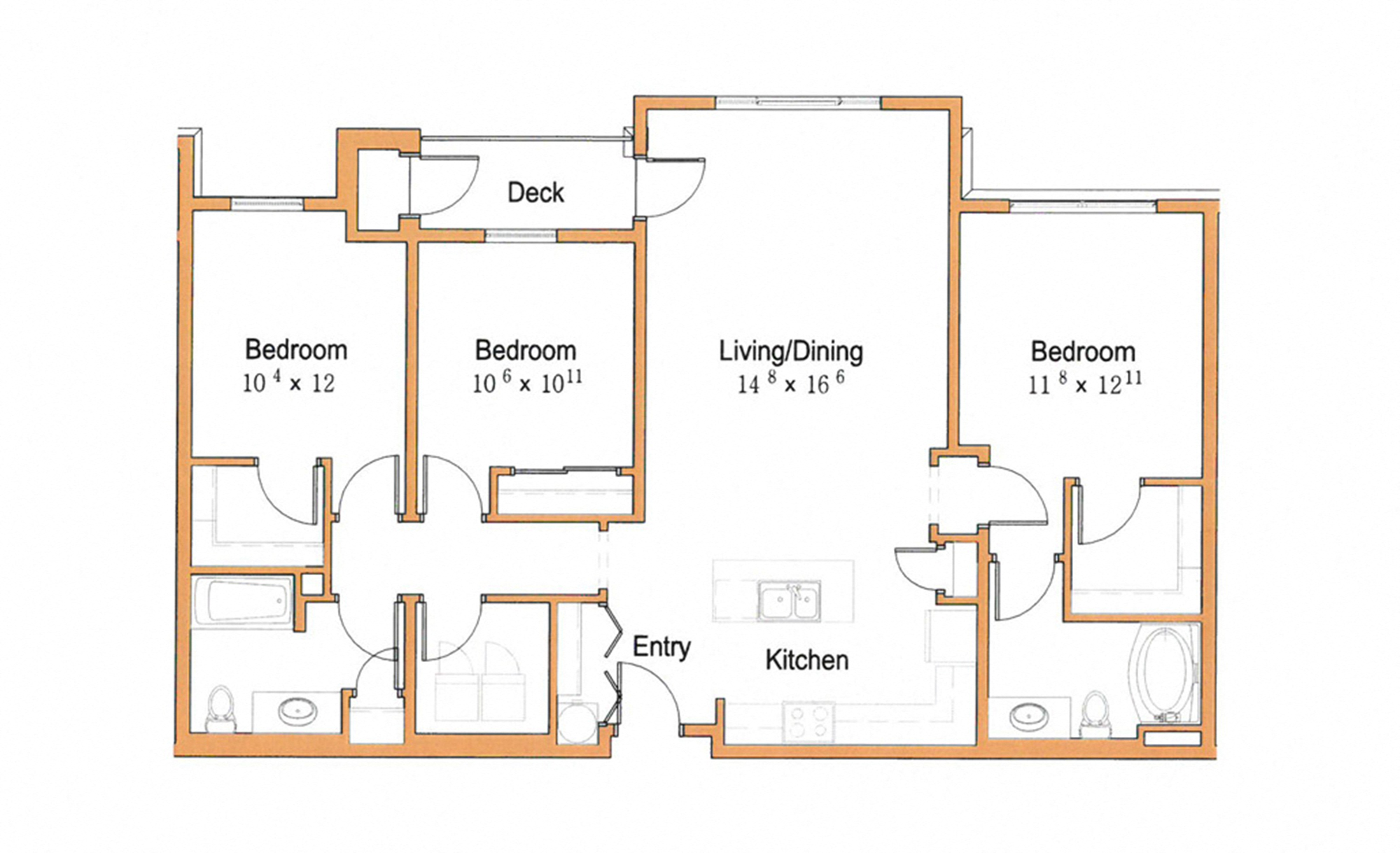 Floor plan for 3 beds, 2 baths, 1390 sqft